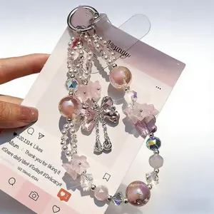 Cute Handmade Beaded Bow Phone Wrist Strap, Sparkling Crystal Tassel Charms Design, Universal Anti-Drop Phone Bracelet, Fashion Decorative Accessory for iPhone and Android Phones