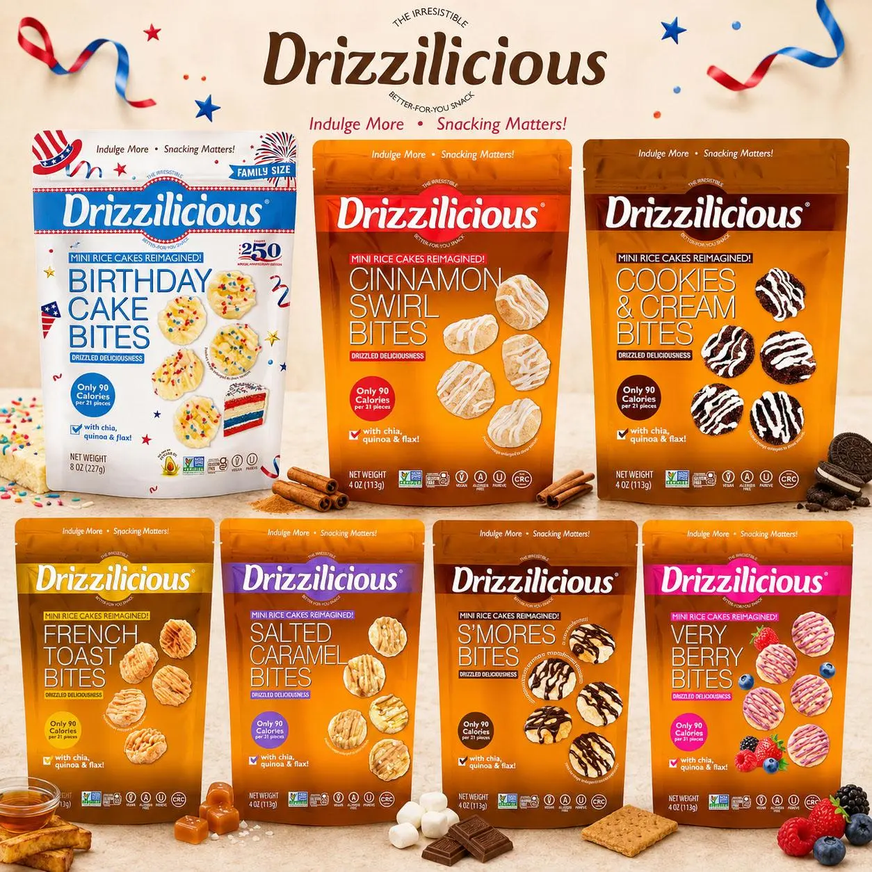 Drizzilicious Mini Flavored Rice Cakes Birthday Cake - Rice Crisps, Healthy Snack for Adults and Kids, Vegan, Gluten Free Snack, Allergen Free, Only 90 Calories Per 21 Pieces - 4 oz (Pack of 1)