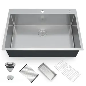 GARVEE Kitchen Sink,33 Inch Drop in Kitchen Sink, 33 x 22 Kitchen Sink Drop in 16 Gauge Stainless Steel Kitchen Sink Top Mount Single Bowl Deep Kitchen Sink and Accessories,Workstation Sink