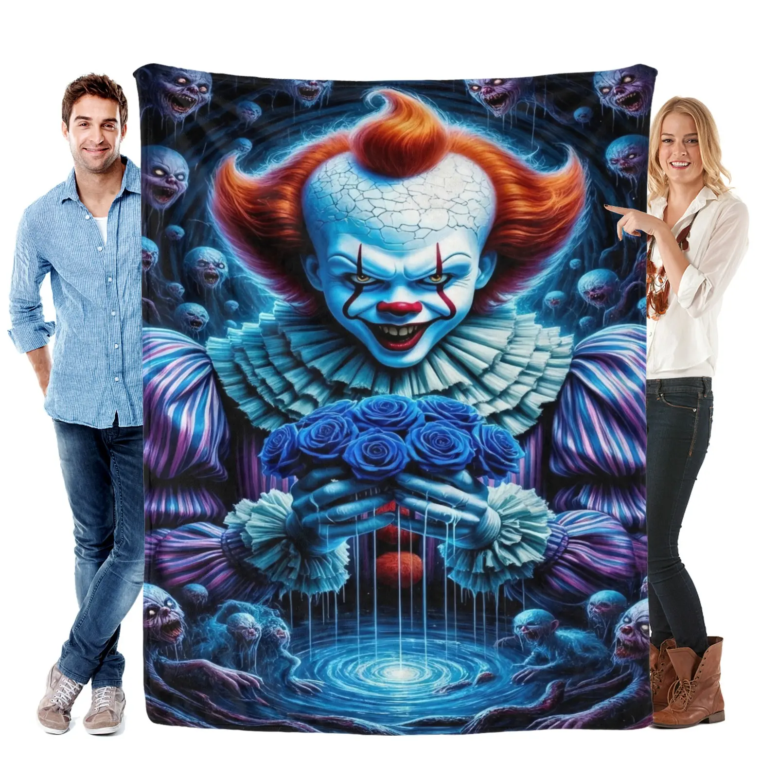 Pennywise Horror Throw Blanket, Killer Clown Inspired Halloween Flannel Fleece Blanket, Scary Movie Theme Soft Cozy Warm Blanket for Bedroom Sofa Dorm Room Decor, Perfect Gift for Horror Fans, Halloween Lovers & Creepy Collectors