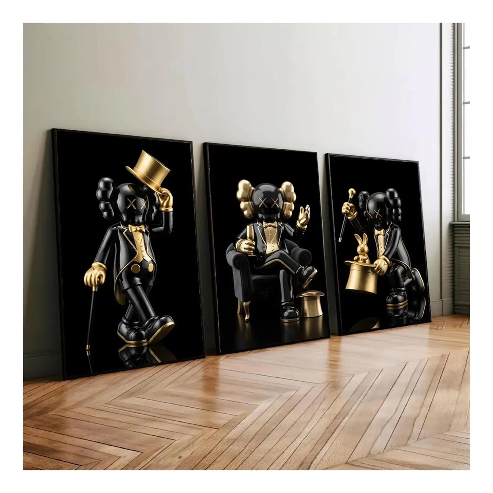 KAWS Hypebeast 3-Piece Poster Set, Black-Gold Graffiti Wall Art, Sneakerhead Room Decor Prints