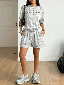 Women's "BLESSED" Cross Camo Print Two Piece Set, Oversized Tee + Drawstring Shorts | #BlessedSet #ChristianLoungewear #TwoPieceSet