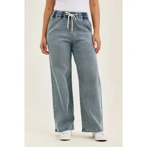Judy Blue Hight Waist Wilhelmina Baggy Med Aged Stone Blue Knit Indigo Pull On Jeans 881127, Stretchy Cotton Comfort Denim, Adjustable waist, Lived In feel, Chich Trendy