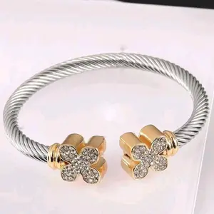 European and Americana Style Stainless Steel Cable Opening Bracelet With Natural Stone Twisted Cord Adjustable C-Shaped Titanium Steel Bangle