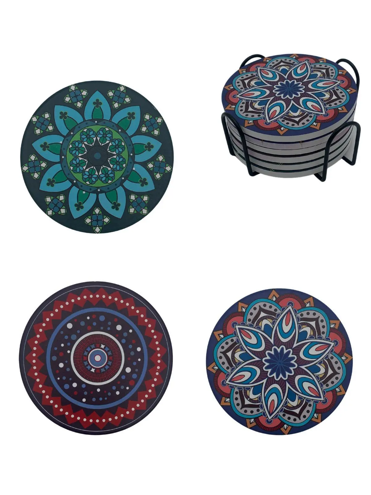 Mandala Drink Coasters with Holder 6 Set Ceramic Boho Coaster Drinks Absorbent Coffee Tableware