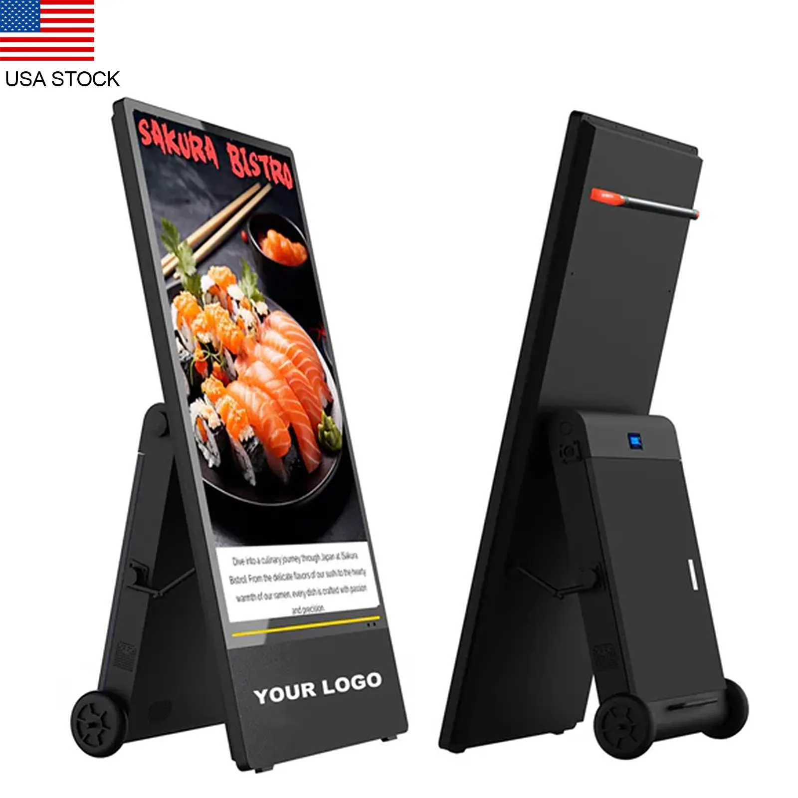 43 Inch Outdoor Digital Signage Displays, Rechargeable Digital LCD Kiosks, Moveable Commercial Totem, IP65 Waterproof, Auto Adjustment 2000nits High Brightness Screen, High Capacity Battery for Restaurant/Bar/Food Truck/Store