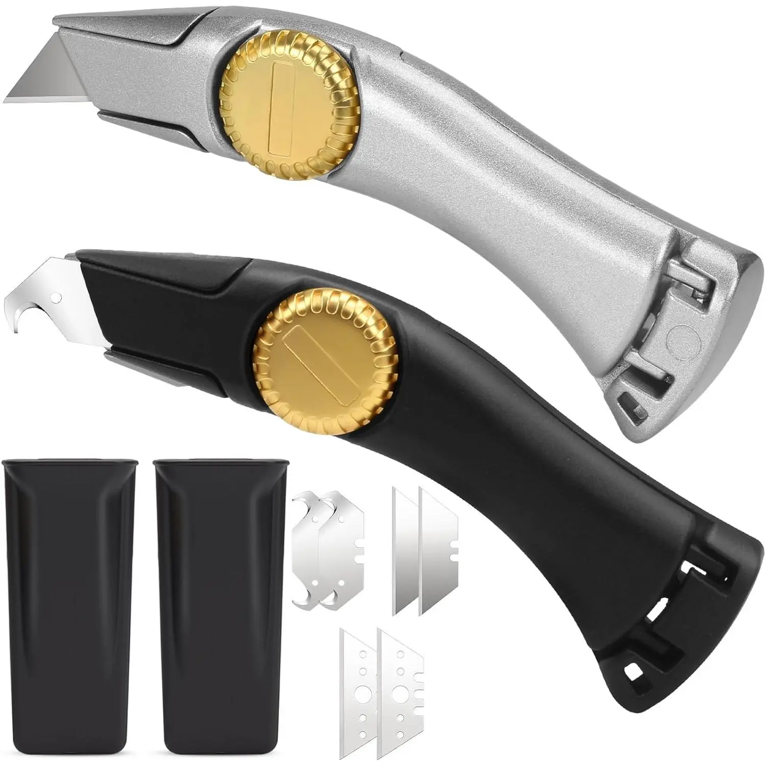 2PCS Fixed Blade Roofing Knife, Heavy Duty Utility Knife for Drywall, Vinyl, Carpet Cutting, Roofing Tools with Portable Storage Sheath, Replacement Blades, Navajas para Roofing(Silver Black)