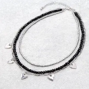 Black 3 Row Mixed Beaded Heart Paperclip Chain Necklace