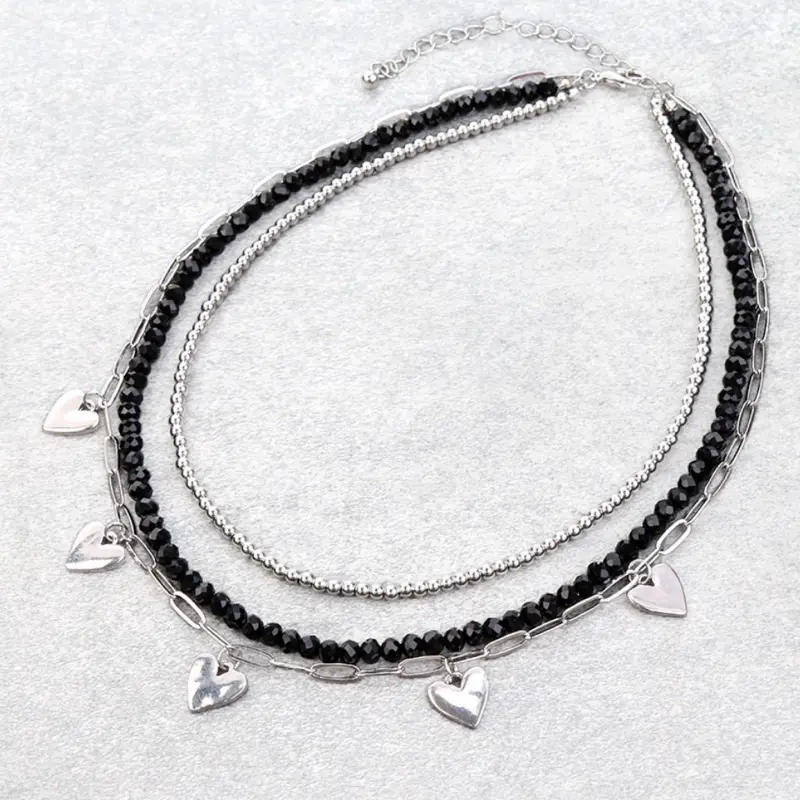 Black 3 Row Mixed Beaded Heart Paperclip Chain Necklace