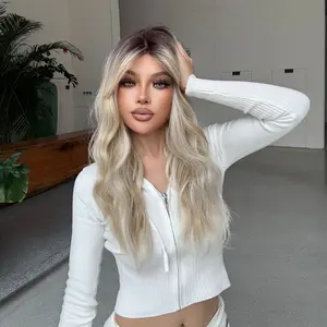 [*Mia] DWY New Mono Wig Mid Length Free Part Lace Front Ombre Blonde Curly Hair Wig with Brunette Root for Women SWMN1047-1BL22