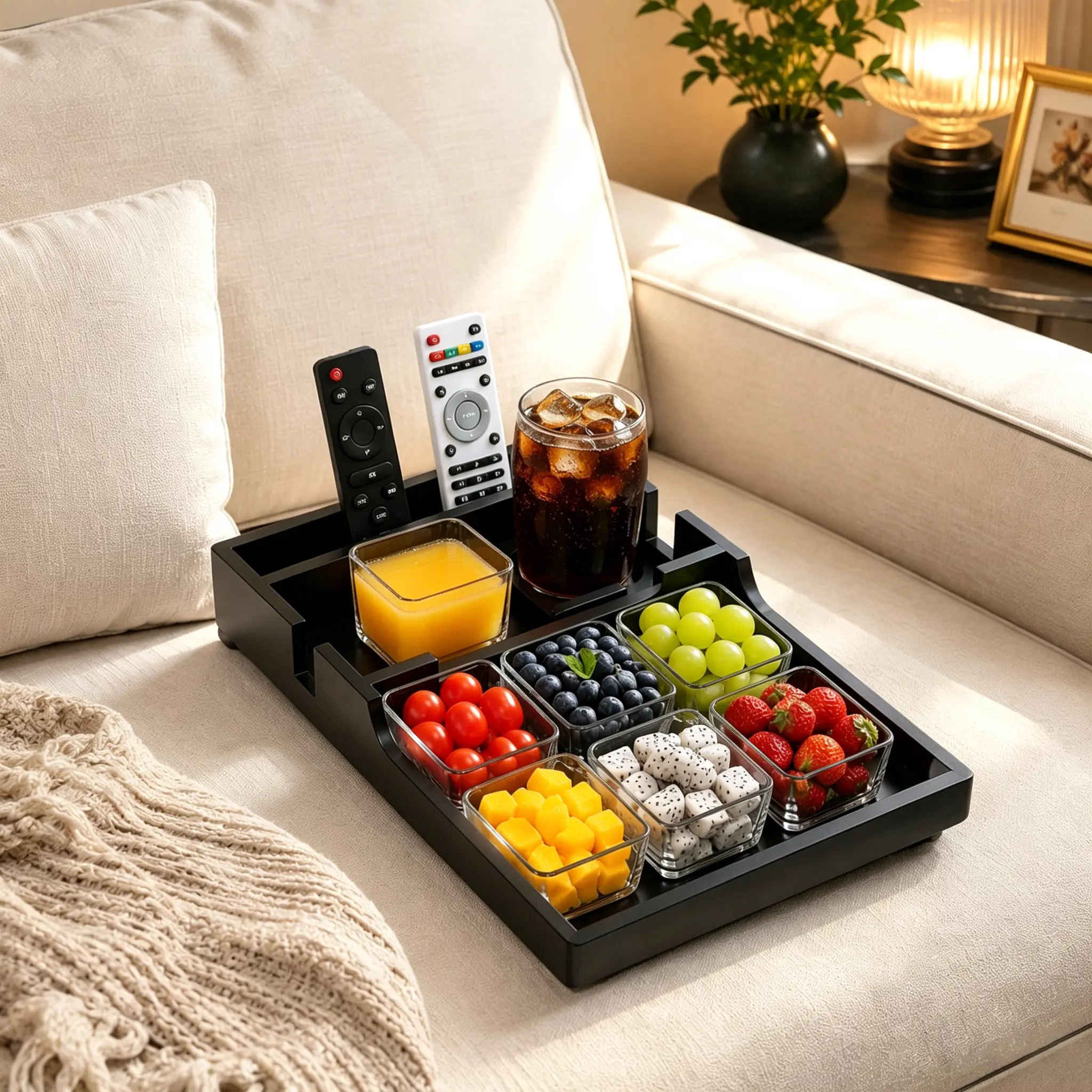Real Bamboo Couch Tray Table Top - 2-in-1 Small Space Furniture, Retro Look Sofa Armrest & Gap Insert Organizer with 4 Compartments, Dual Cup Holders, Tip-Resistant, Fits Couch/Bed, Eco-Friendly Home Essential Gift Birthday