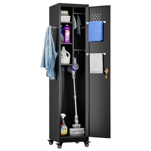 AOBABO 72″H Metal Broom Closet Storage Cabinet with Locking Door, Mobile Cleaning Tool Organizer with Wheels, Side Pegboards, Hooks & Hanging Rod for Mop Broom Garage & Laundry Room Storage, Assembly Required, Black