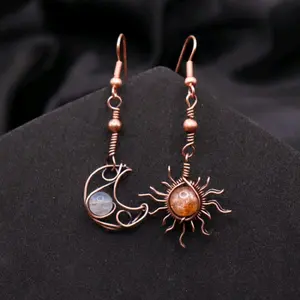 Sunstone Sun & Moonstone Moon Copper Wire Wrapped Earrings by Resilient Jewelry