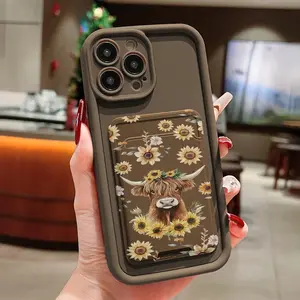 for iPhone13.Phone Case:: Brown Self-Adhesive Card Holder/Card Slot Phone Case/Card Insert Wallet with Cardholder Sunflower and Cow TPU Drop-Proof Full-Coverage Precise Protective Case. Suitable for iPhone 6/7/8/X/Xs/Xr/Xs Max/11/12/13/14/15/16 Pro