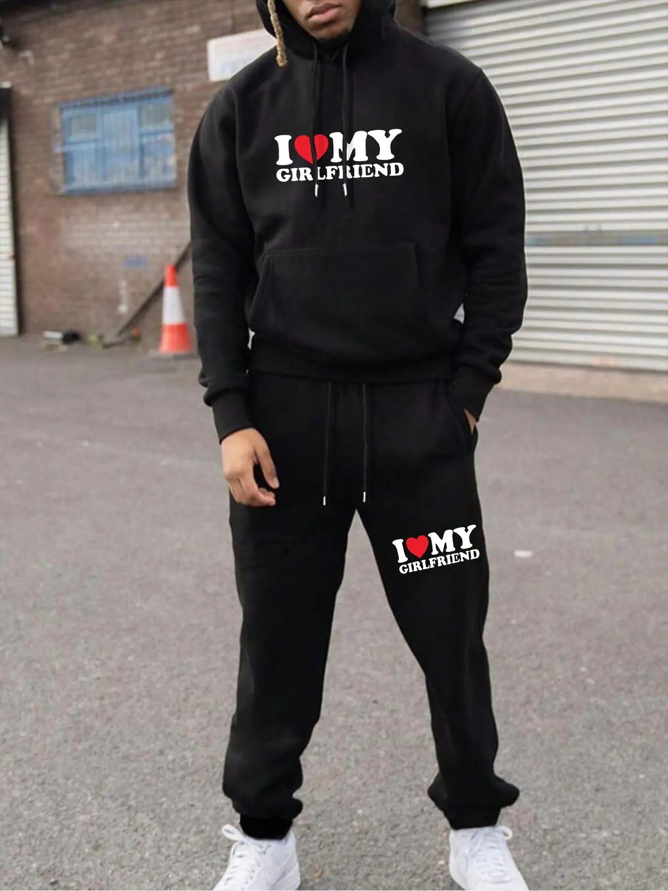 Men's Heart & Letter Print Drawstring Thermal Lined Hoodie & Pocket Sweatpants Set, Regular Fit Casual Long Sleeve Hooded Sweatshirt & Jogger Pants, Men's Two-piece Outfits for Fall & Winter