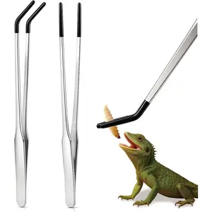 2 Pack Extra Long Stainless Steel Reptile Feeding Tongs with Rubber Tip - 10.6" Straight And Curved Long Tweezers for Aquariums, Feeder for Beard Dragons, Lizard and Snakes ()