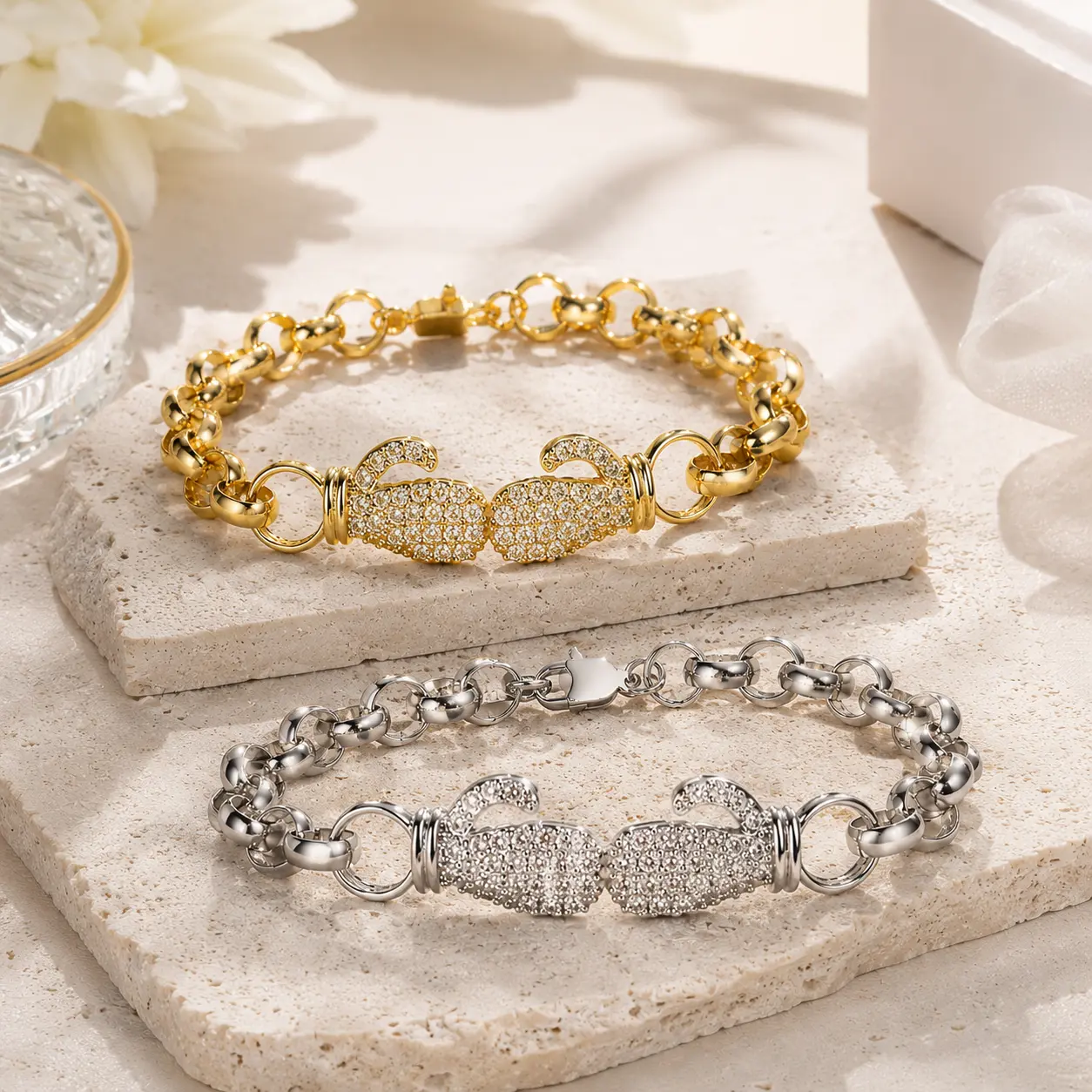 Unisex Boxing Glove Bracelet, Gold or Silver Plated Chain with Sparkling CZ Accent, Casual Fashion Cool Bracelets Accessories