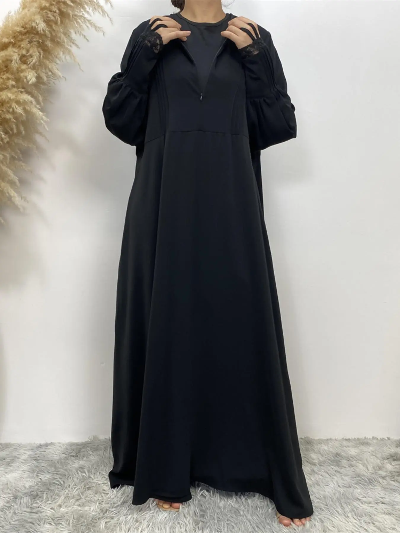 Women's Contrast Lace Lantern Sleeve Zipper Long Dress, Casual Plain Long Sleeve Round Neck Dress for Spring & Fall, Women's Dress for Daily Wear