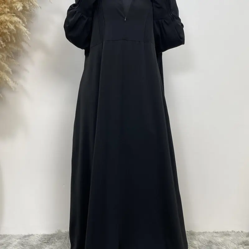 Women's Contrast Lace Lantern Sleeve Zipper Long Dress, Casual Plain Long Sleeve Round Neck Dress for Spring & Fall, Women's Dress for Daily Wear