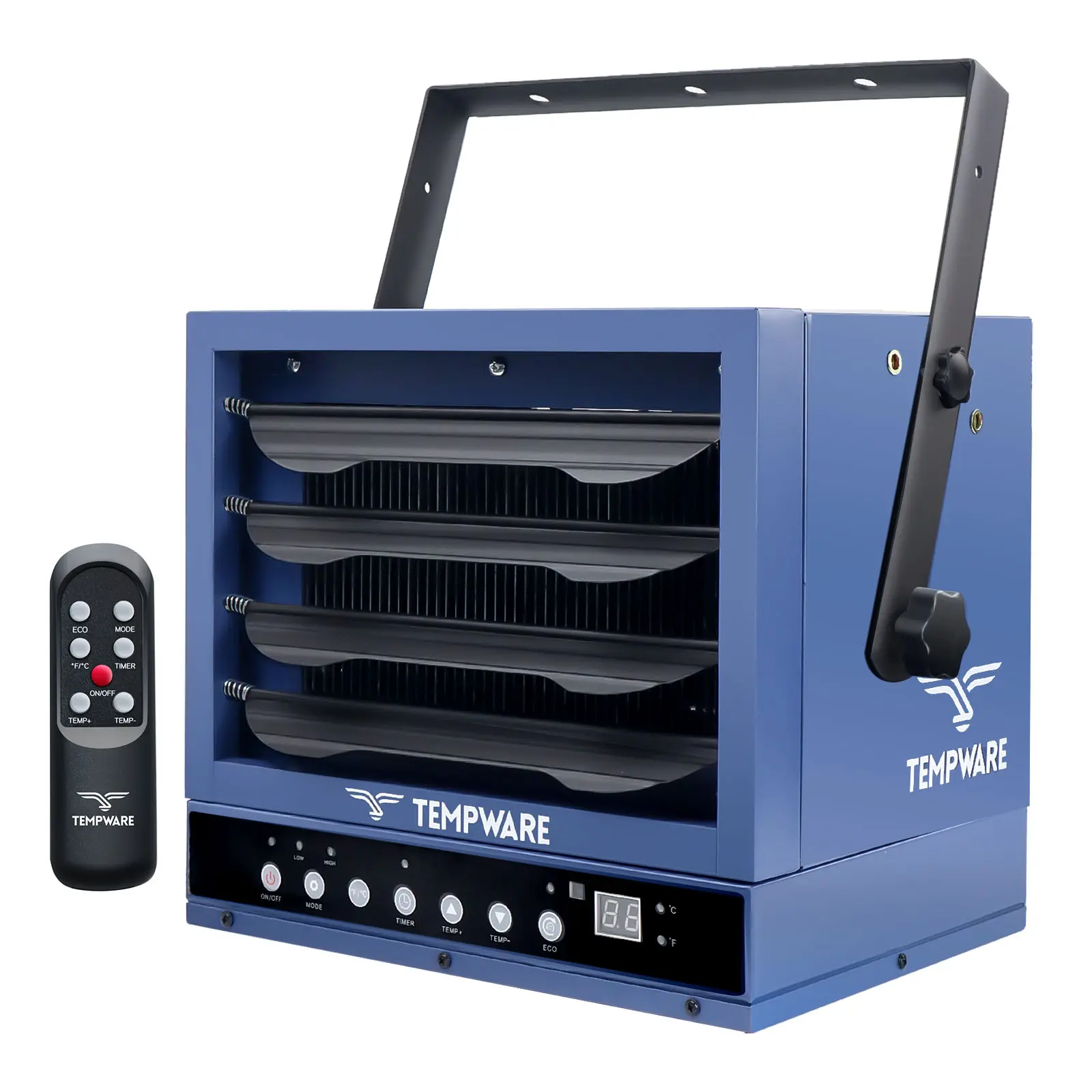 7500W 240-Volt Electric Garage Heater with Remote, Fan-Forced Ceiling Mount Shop Heater with Digital Thermostat, Hardwired Heater with 12-Hour Timer for Workshop, Blue