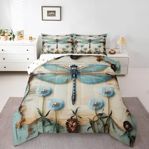 Dragonfly Dandelion Bedding Set,Teal Blue Flying Dragonflies Comforter Set,Wooden Rustic Plant Leaves Down Comforter,Farmhouse Floral Botanical Duvet Insert for Kids Boys Girls Bedroom Decor
