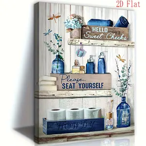 2D canvas art, 1 wooden frame rustic navy blue bathroom canvas wall art - "Please Sit" vintage sign, framed and ready to hang, comfortable aesthetic decor, perfect for bathroom or powder room, bathroom decoration