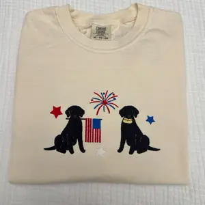 USA 2 BLACK LABRADOR retrievers doggies embroidered Fourth of July comfort colors T-shirt