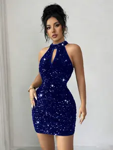 Women's Sleeveless Halter Mini Dress, 2026 Fashion New Style, Slim-Fitting Stretchy Bodycon, Hollow Out Design, Sparkly Rhinestone Decor, Party Cocktail Prom Formal Dress