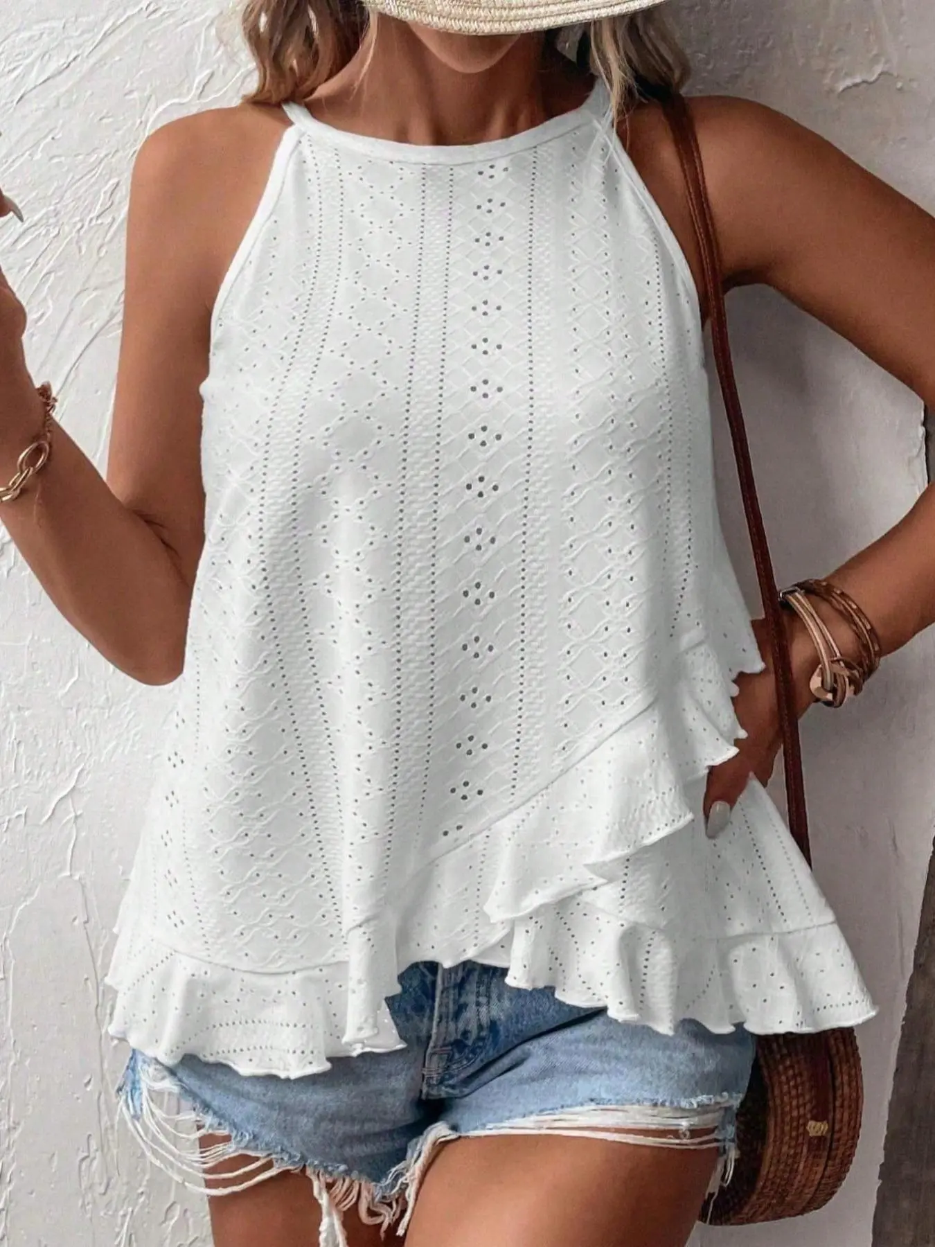 Plus Size Solid Eyelet Embroidery Lettuce Trim Ruffle Hem Halter Neck Tank Top, Loose Fit Casual Style Sleeveless Top for Summer, Women's Plus Clothing for Daily Wear Piece