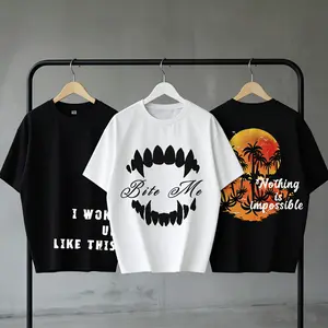 3-pack unisex; new men’s summer T-shirt; trendy design featuring a retro sunset palm tree graphic, shark mouth print, and letter slogan; black/white soft short-sleeve streetwear style—perfect for summer wear.