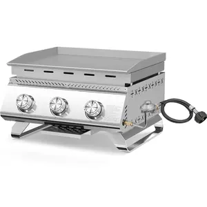 Portable Gas Grill -  3-Burner Stainless Steel Tabletop Propane Grill, 24,000 BTU Heavy-Duty Outdoor BBQ with Foldable Legs, Easy-Clean Design & Compact Build for Camping, Backyard, RV Trips, Tailgating, and Barbecues