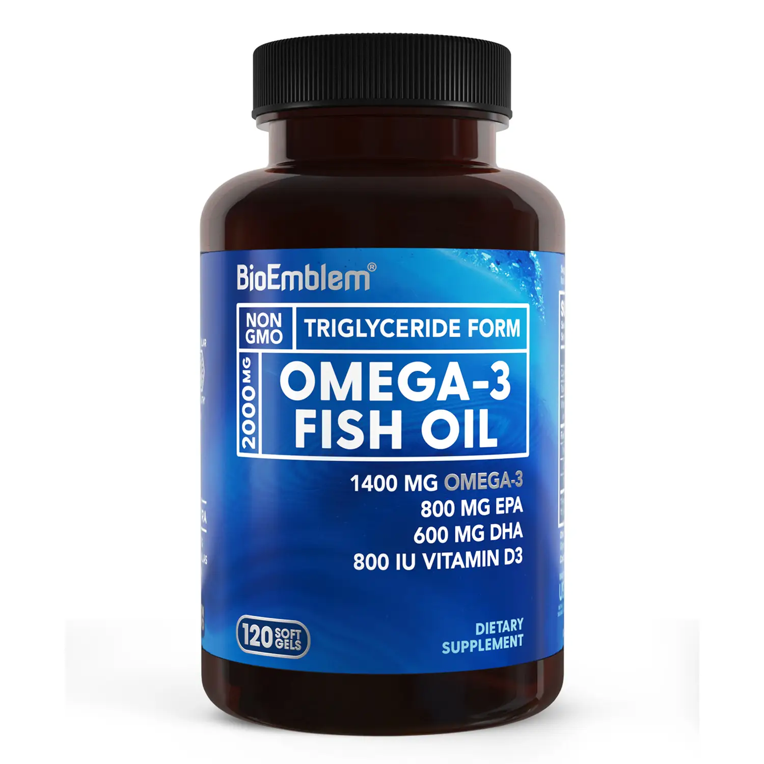 BioEmblem Omega-3 Fish Oil 2000mg - Triple Strength Triglyceride Form, 1400mg Omega-3 with 800mg EPA & 600mg DHA + 800 IU Vitamin D3, Non-GMO, Gluten-