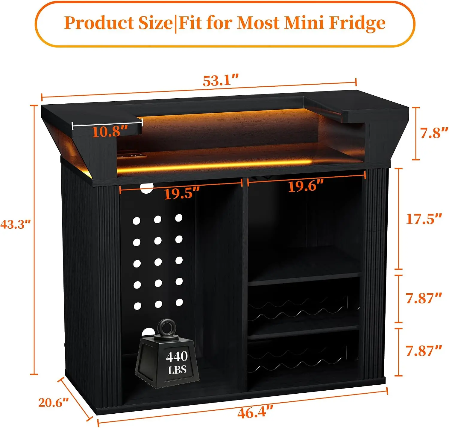 Bar Cabinet with Fridge Space, RGB LED Lights | Power Outlet, Fluted Liquor Bar Counter with Wine Glass Rack for Basement Man Cave Pub 53.1" Freestanding