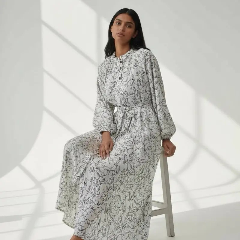 knee length dresses for ladies Abstract Print Long Sleeve Maxi Dress White Black / S by Blue Zone Planet main image 0