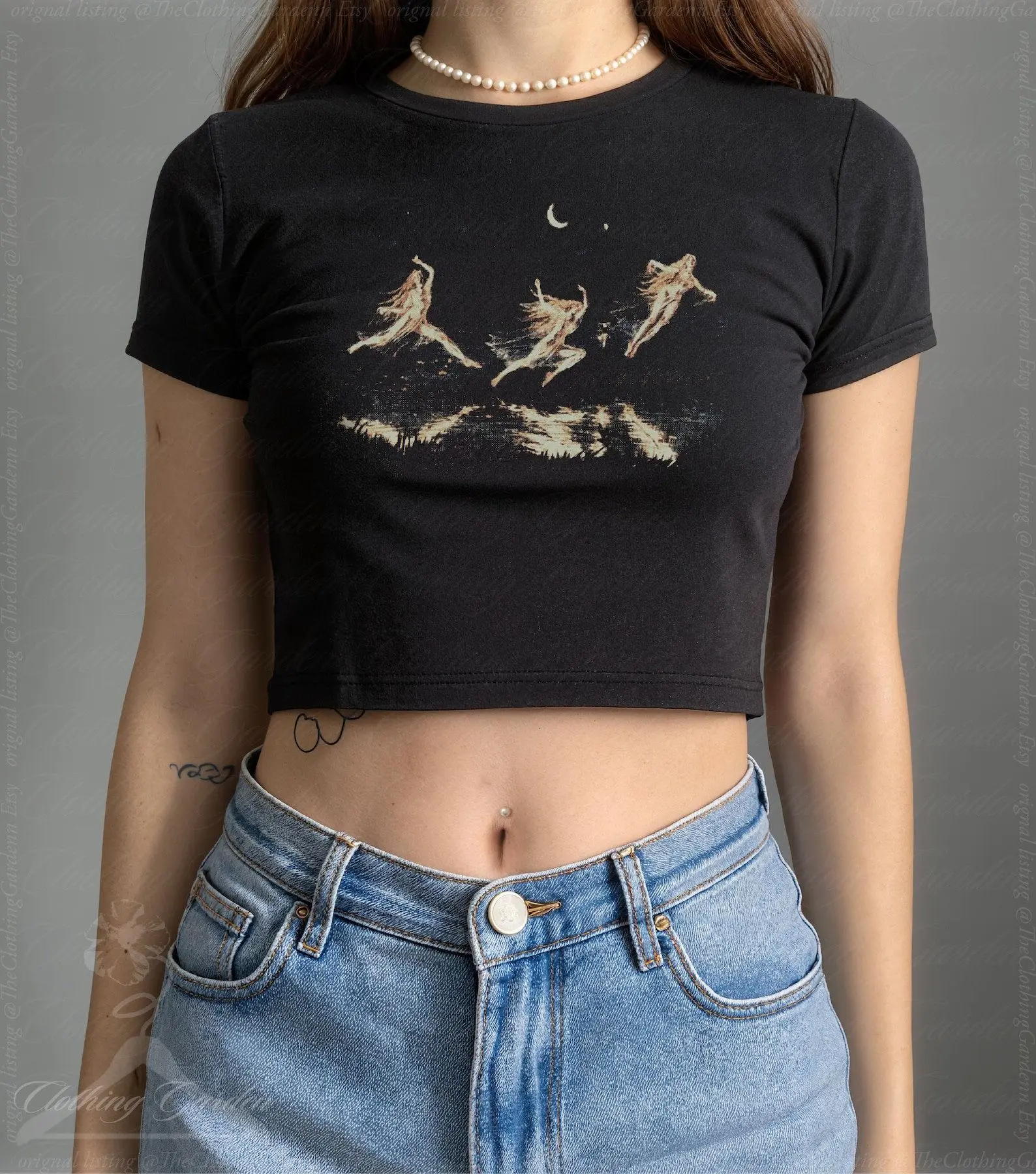 [Sale Up To 40%] Flying Witches Baby Tee, Spoky Cottagecore Crop Top for Women, Vintage Style Witchy Fitted Shirt, Halloween Moon Witch Gift For Her