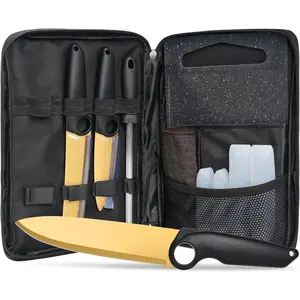 Outdoor Santoku  Set - 3 Titanium-Coated  with Grip Ring Handles, Sharpener,  Board, Seasoning Bottles & Travel Case - Portable BBQ, RV & Beach Cooking Kit