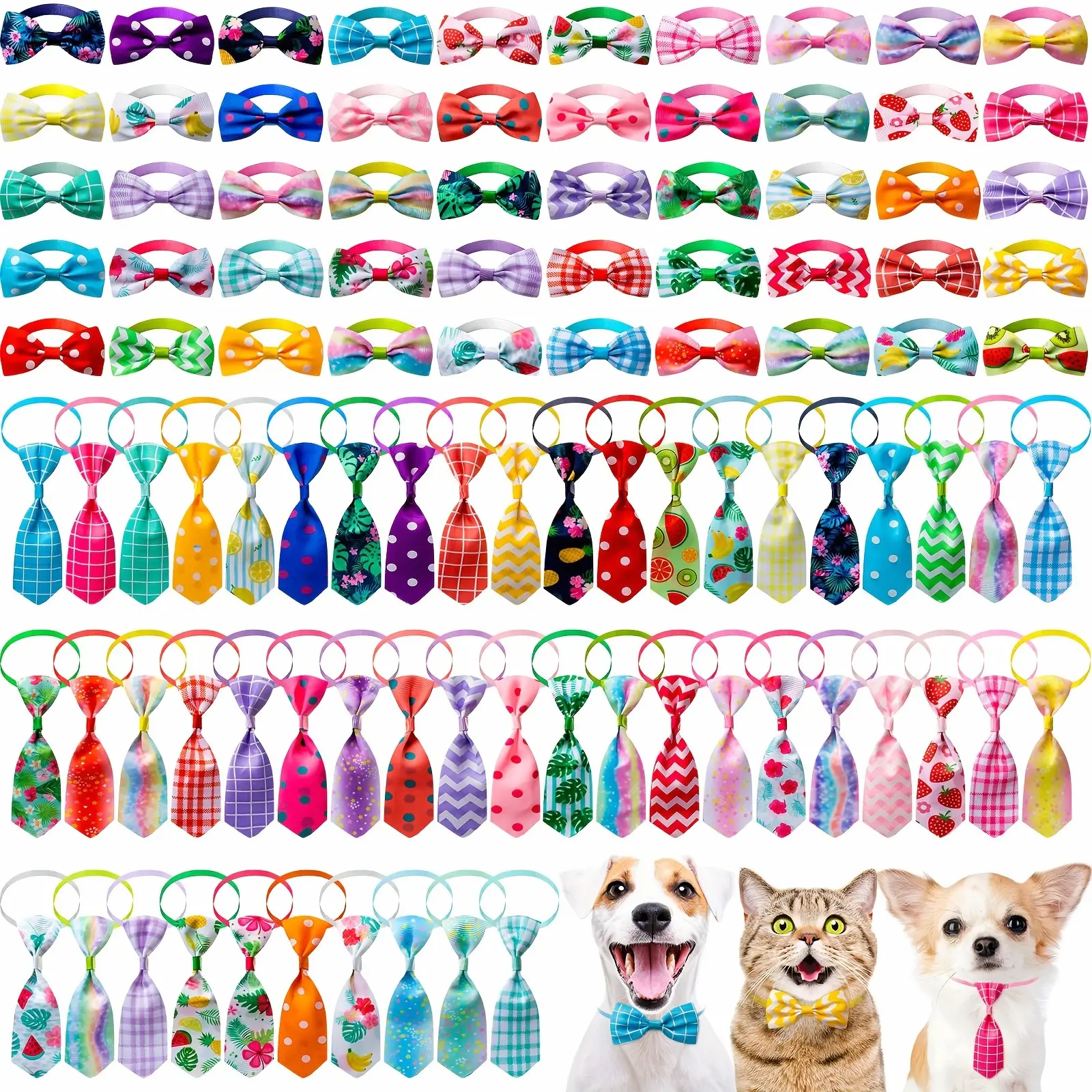 100pcs Dog & Collar & Tie Set - 50 Ties & 50 Adjustable Collars, Hawaiian Summer Spring Style Round Collars for Small/Medium Pets, Cute for dog, Photo Shoots, Casual Attire - Pet Accessories for Kittens & Puppies 100pcs
