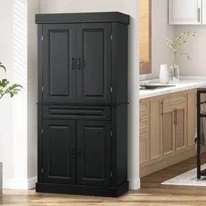 71'' Tall Hallway & Study Storage Cupboard - Black Modern 2-Door Kitchen Pantry with Drawer & Adjustable Shelves