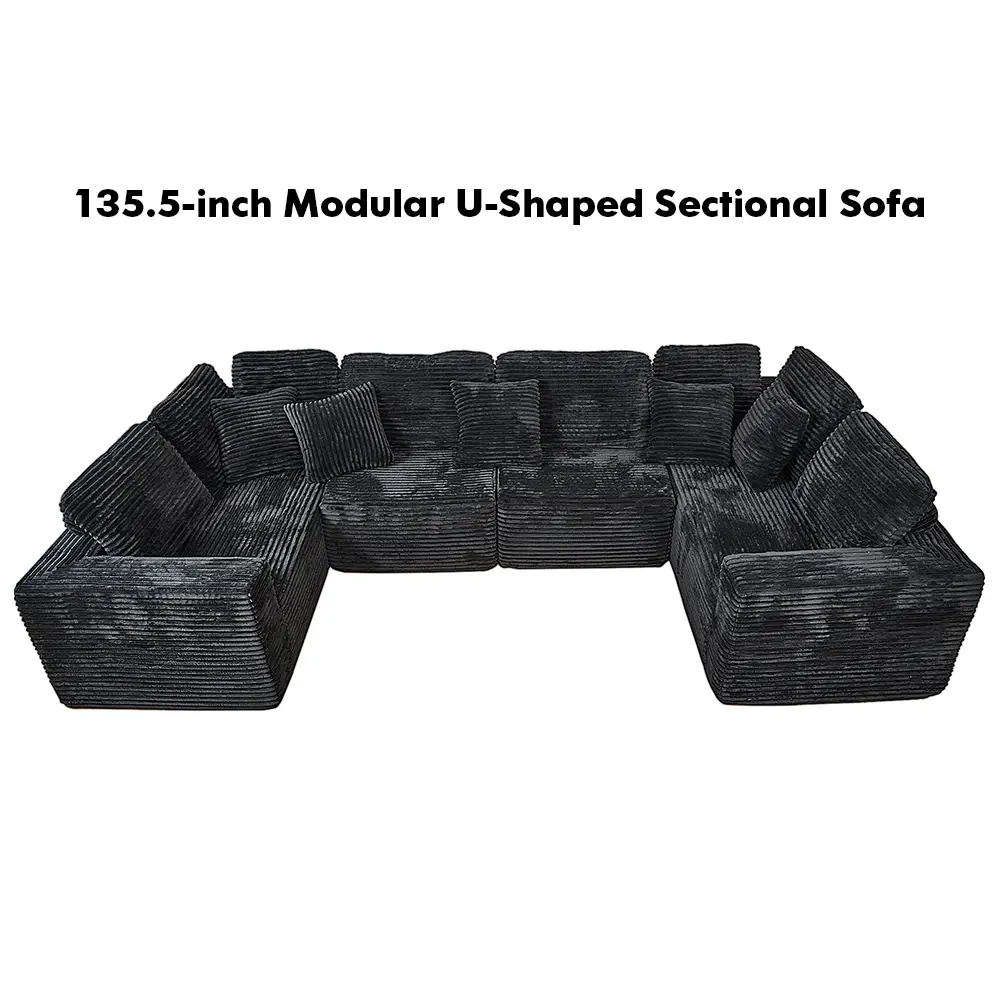 135.5-inch Modular U-Shaped Sectional Sofa,6-Seater Chaise Lounge with Reversible Design, Striped Corduroy Fabric inBlack – Customizable Living Room or Bedroom Couch,Freely Configurable Layout.RR storage couchcool couch Sapphire Blue Chaise Sectional Sofa