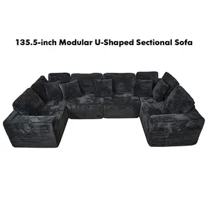 135.5-inch Modular U-Shaped Sectional Sofa,6-Seater Chaise Lounge with Reversible Design, Striped Corduroy Fabric inBlack – Customizable Living Room or Bedroom Couch,Freely Configurable Layout.RR storage couchcool couch Sapphire Blue Chaise Sectional Sofa