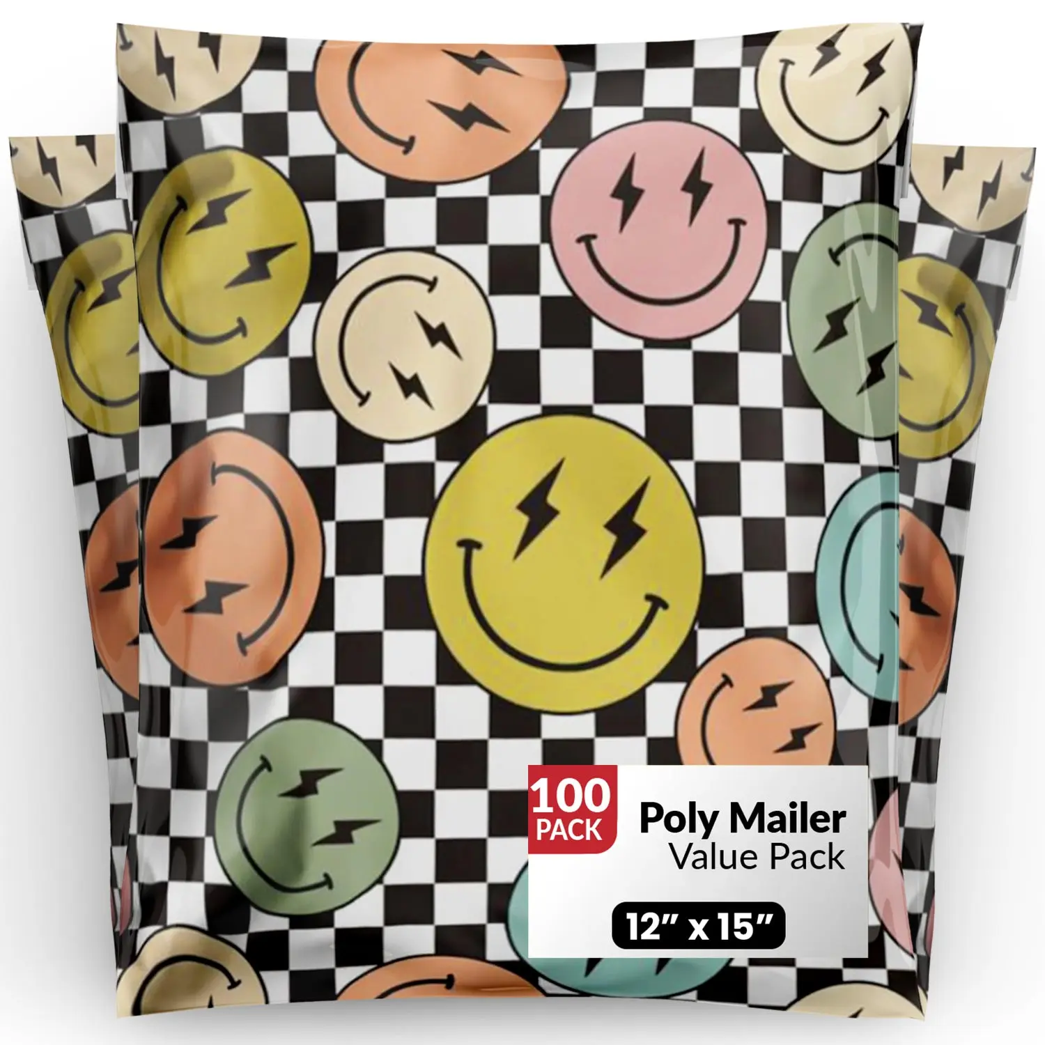 Package Mint 12x15 Poly Mailers - 100 Pack Smiles Checkerboard Design Poly Mailers Shipping Bags - Waterproof, Tear-Resistant, Self-Adhesive Seal - Decorative Mailing Bags for Clothes, Accessories