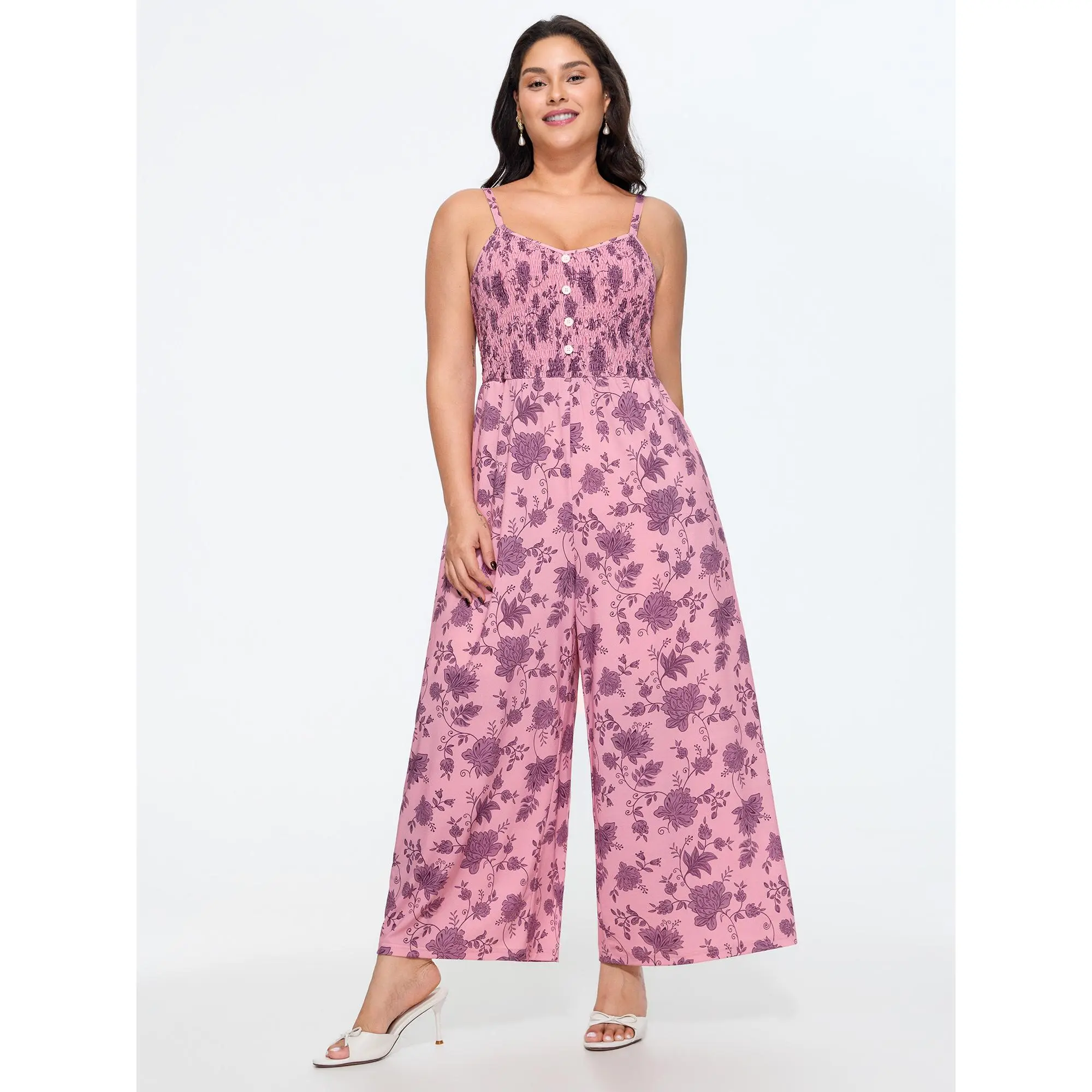 BloomChic Women's Plus Size Casual Floral Print Jumpsuit, Sleeveless with Smocked Waist and Pockets, Polyester Blend, Sizes M-6X, Low Iron, Classic