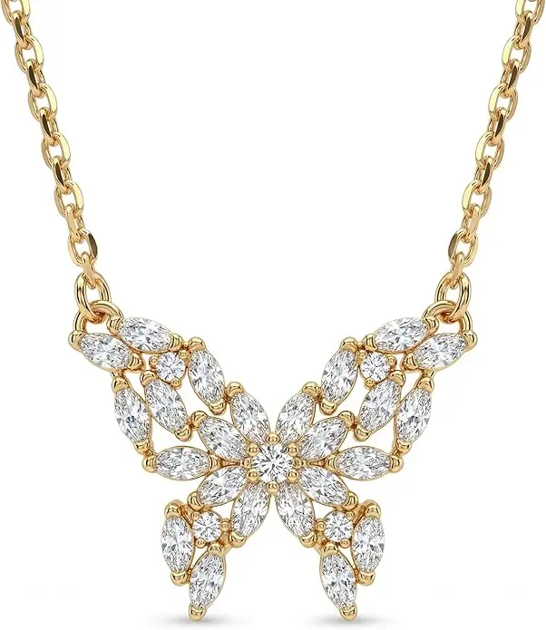 Fettero Women's Gold-Plated Butterfly Pendant, Fashion Accessory Necklace with Marquise Cut Crystals