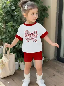 Cherry bowknot baby girl's suit with digital printing, 100% polyester baby short-sleeve suit, lovely baby girl's casual clothing, suitable for daily and outdoor sports T-shirts, a perfect gift for babies and toddlers