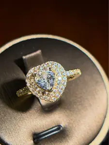 *DOUBLE HEART*  Item#00000020 European 14K Gold Plated Large Double Halo Three-Prong Setting Heart-Cut White Cubic Zirconia Adjustable Fashion Ring (Center Stone 1 Carat, Ring Size 6.5 and Up)