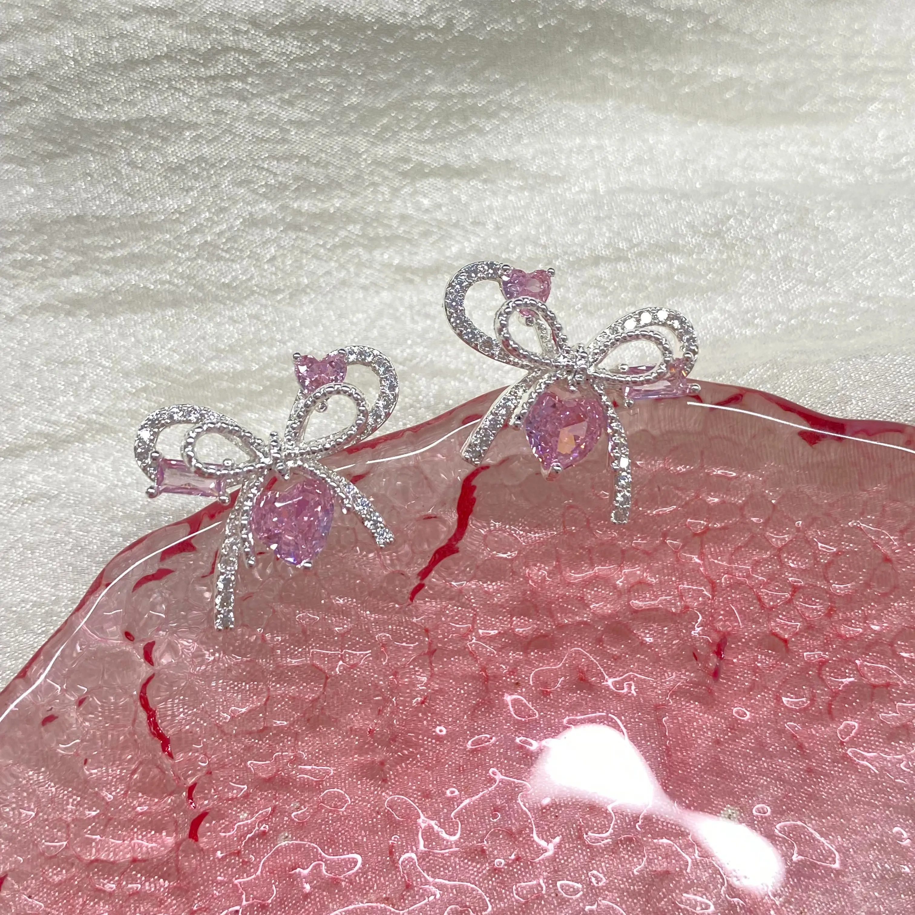925 Sterling Silver Bow Stud Earrings for Women, Pink Heart Cubic Zirconia Bowknot Earrings, Cute Sweet Sparkly Valentine Statement