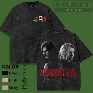 Resident Evil Re9 Remake v1 Hoodie & T-Shirt Leon & Grace Ashcroft, Vintage Acid Wash Apparel, Survival Horror Game Merch, Gold Poster Pullover, Unisex Cotton Top