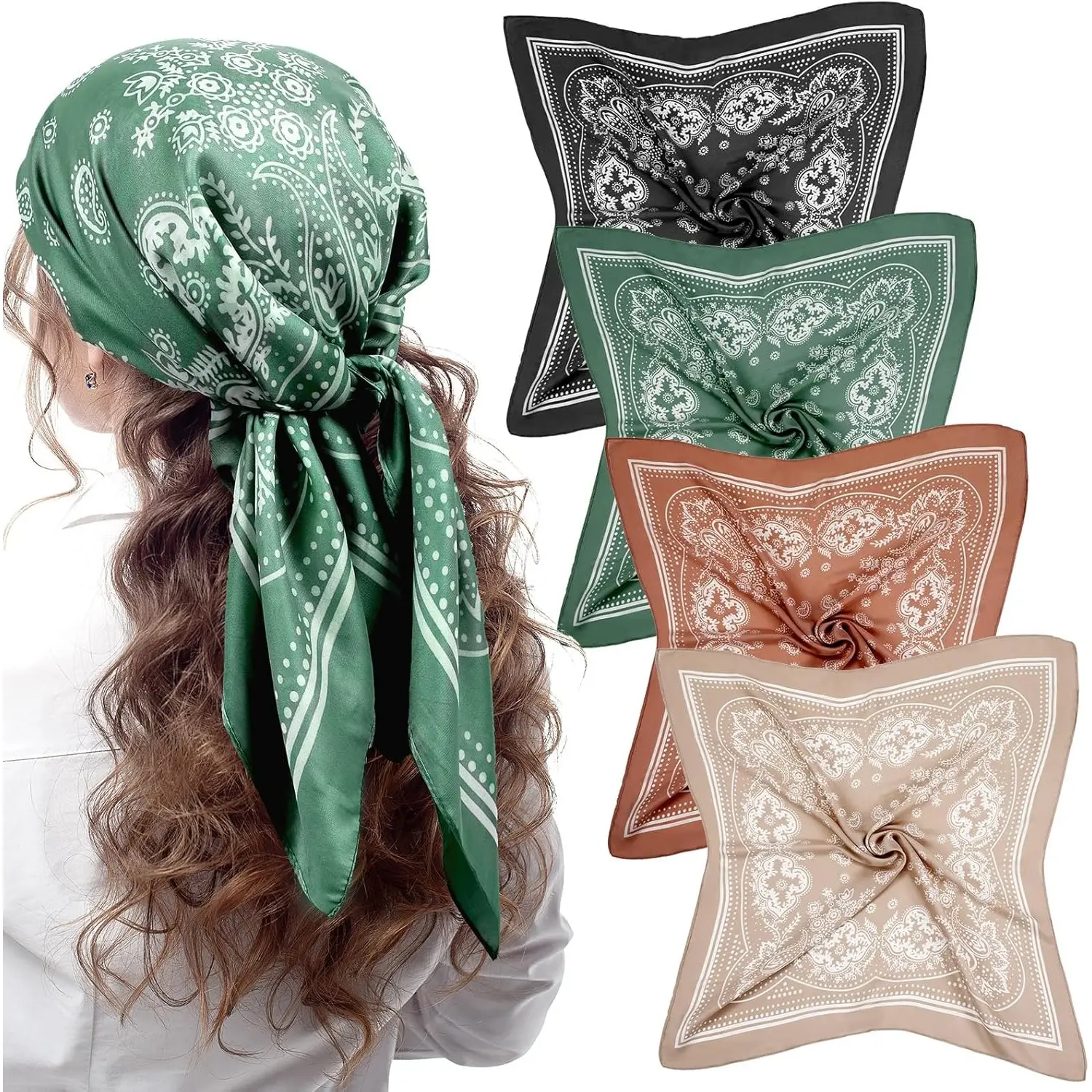 Women's 4-Pack 27'' Square Satin Head Scarves - Silk-Feeling Sports Headbands, Boho Style Shawl, Outdoor Hiking Accessory