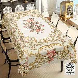 1pc Bohemian Style Floral Tablecloth | Elegant Printed Design, 100% Polyester, Machine Made, Rectangle Shape, Suitable for Home Kitchen & Dining Room Decor, Perfect for Parties and Seasonal Decoration