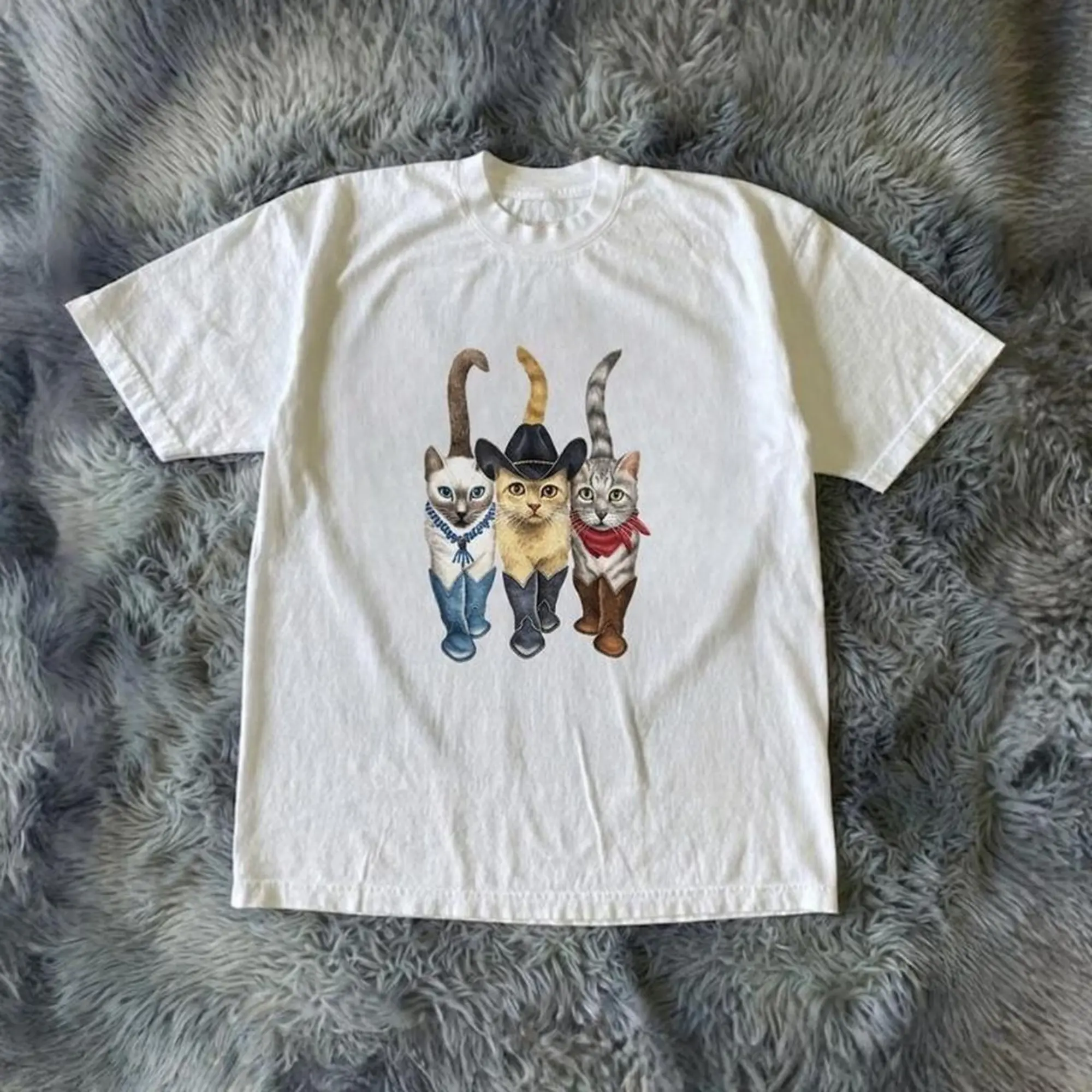 Cowboy Cats Graphic Tee White Cute Animal Shirt,Cat Lover, Cute Tee, Animal Shirt, Unisex Vintage Graphic Tees Gothic Grunge Y2K Emo Scene Amity Affliction Style Clothes Men Women Streetwear